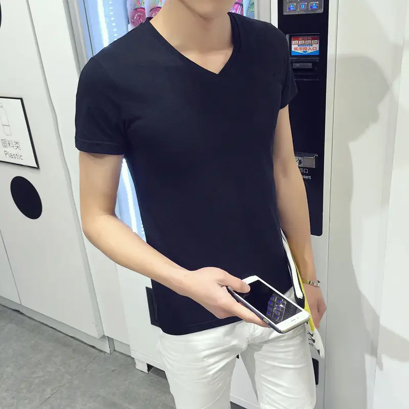 Men Solid Color Short Sleeve T-Shirt V Neck Slim Fit - Image 21