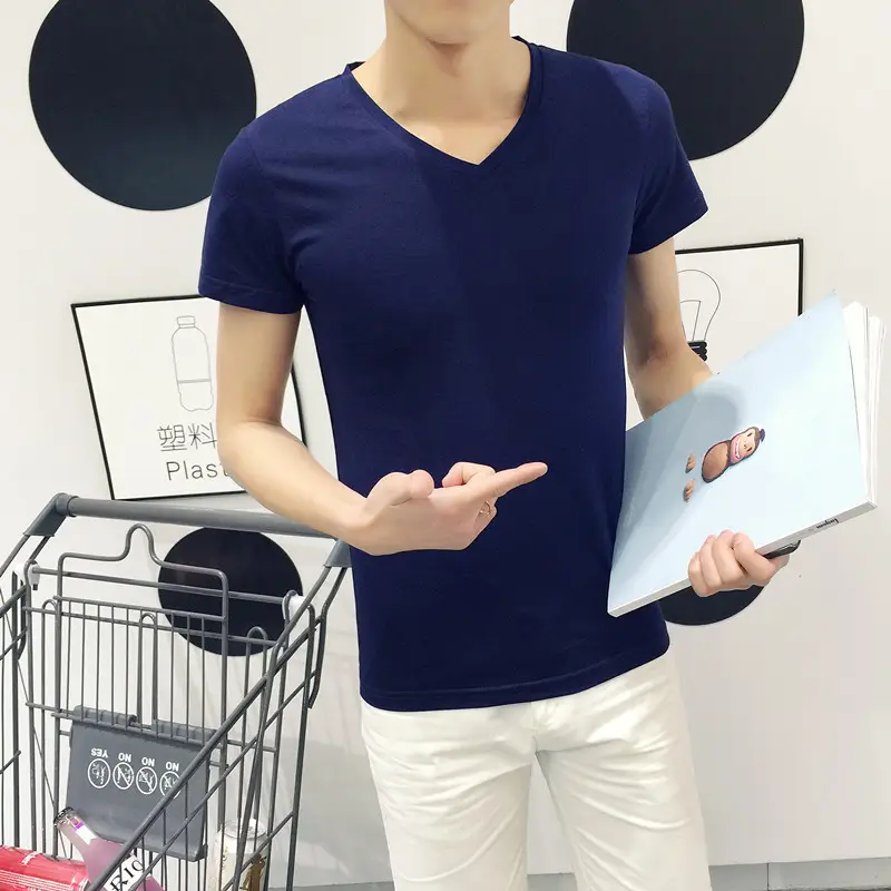 Men Solid Color Short Sleeve T-Shirt V Neck Slim Fit - Image 22