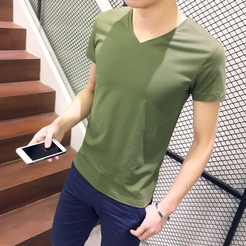 Men Solid Color Short Sleeve T-Shirt V Neck Slim Fit - Image 3