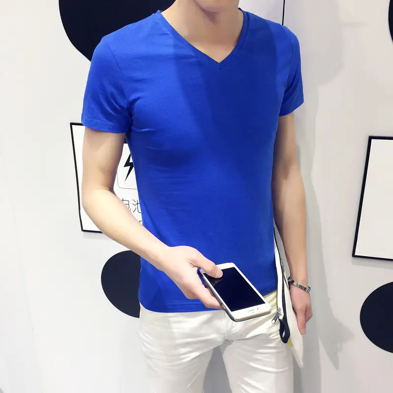 Men Solid Color Short Sleeve T-Shirt V Neck Slim Fit - Image 6