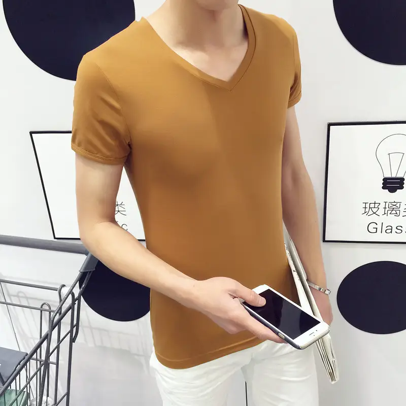 Men Solid Color Short Sleeve T-Shirt V Neck Slim Fit - Image 7