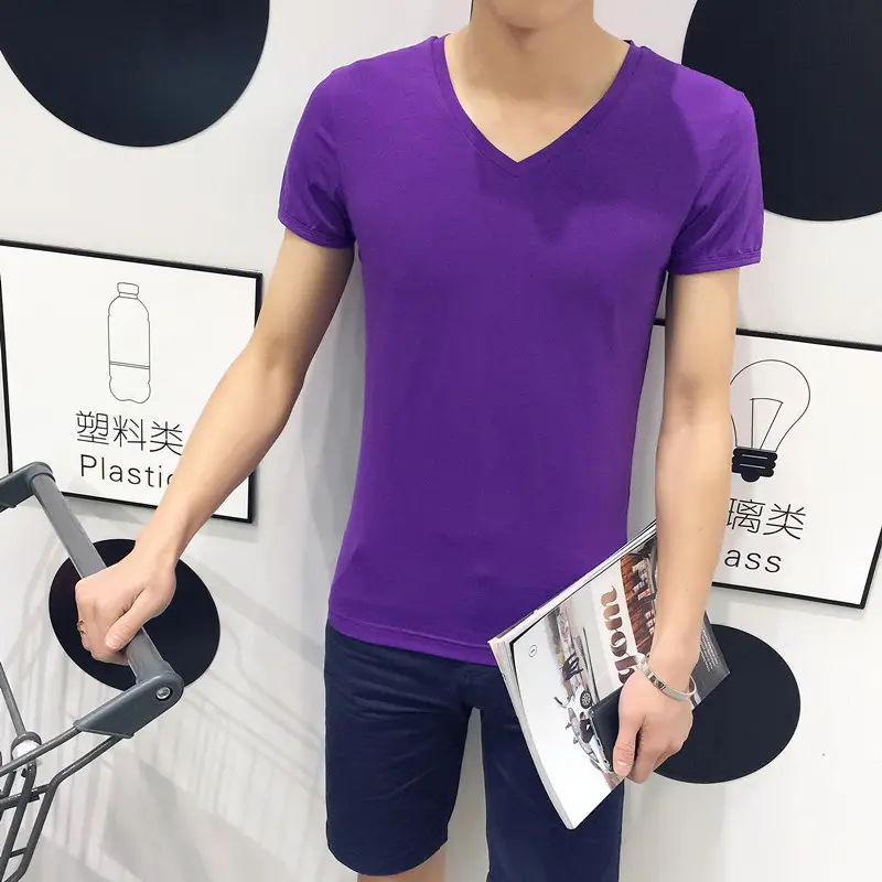 Men Solid Color Short Sleeve T-Shirt V Neck Slim Fit - Image 8