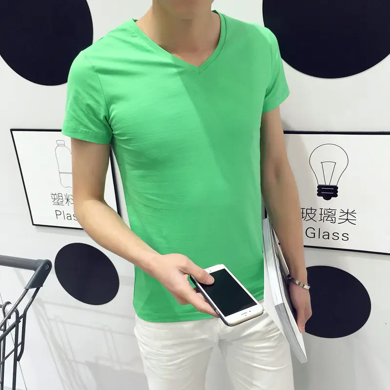 Men Solid Color Short Sleeve T-Shirt V Neck Slim Fit - Image 9