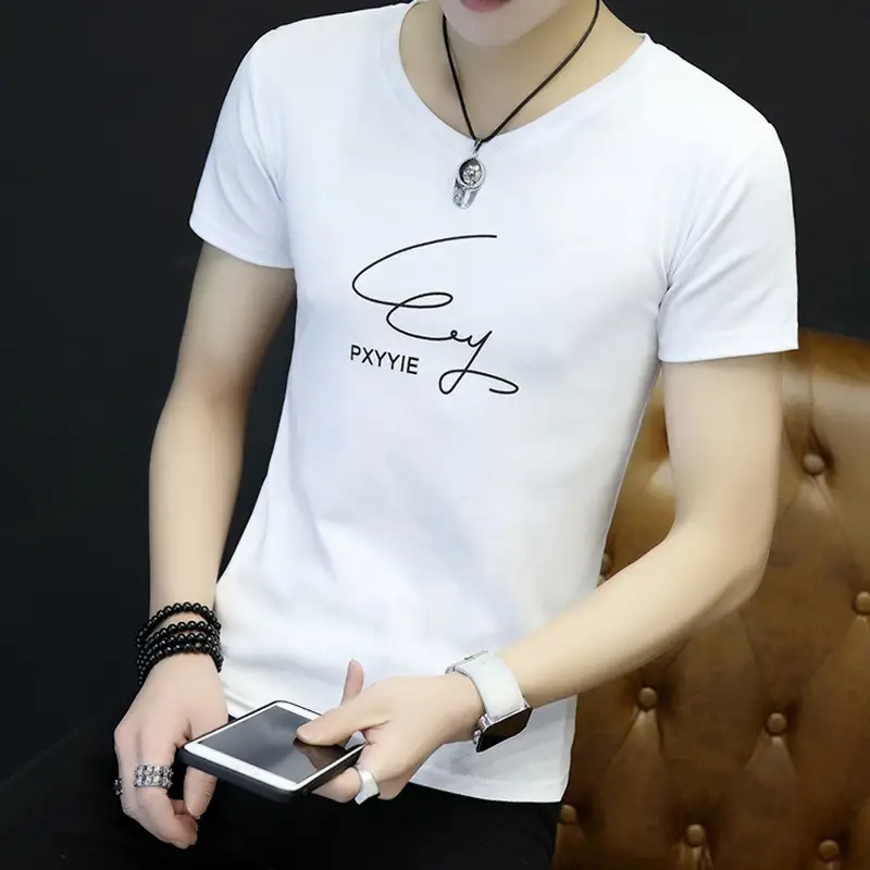 Men White Printed T-Shirt Slim Fit Korean Style - Image 4