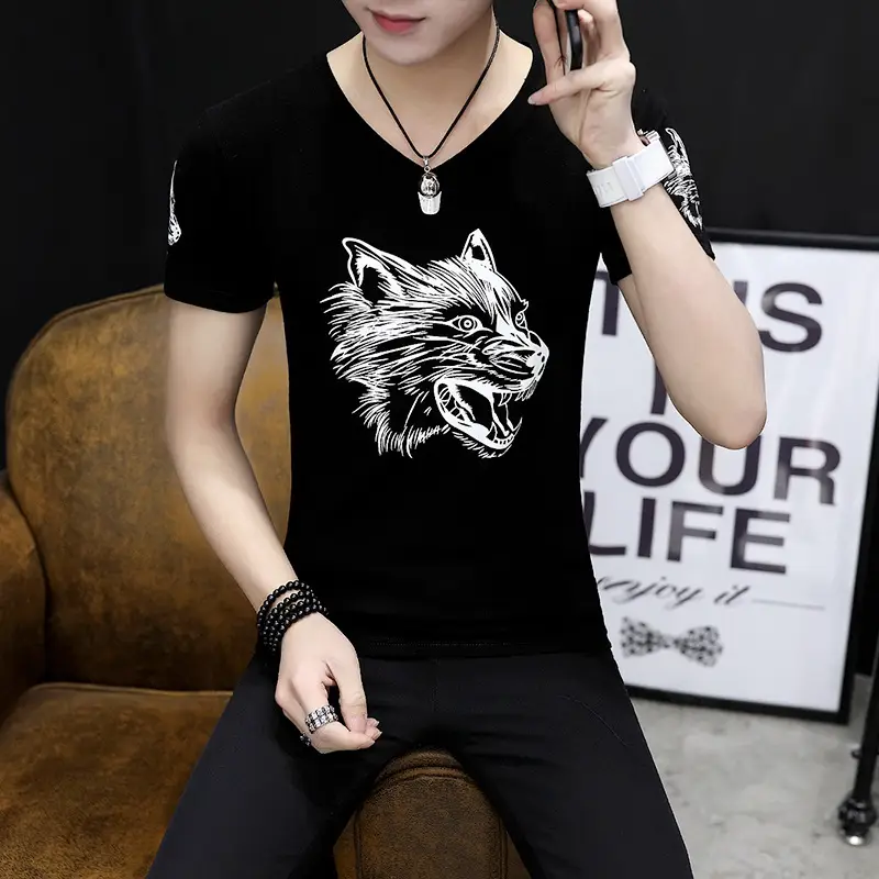 Men White Printed T-Shirt Slim Fit Korean Style - Image 5