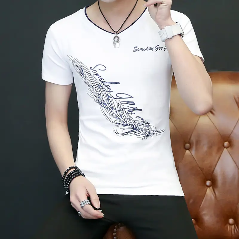 Men White Printed T-Shirt Slim Fit Korean Style - Image 6