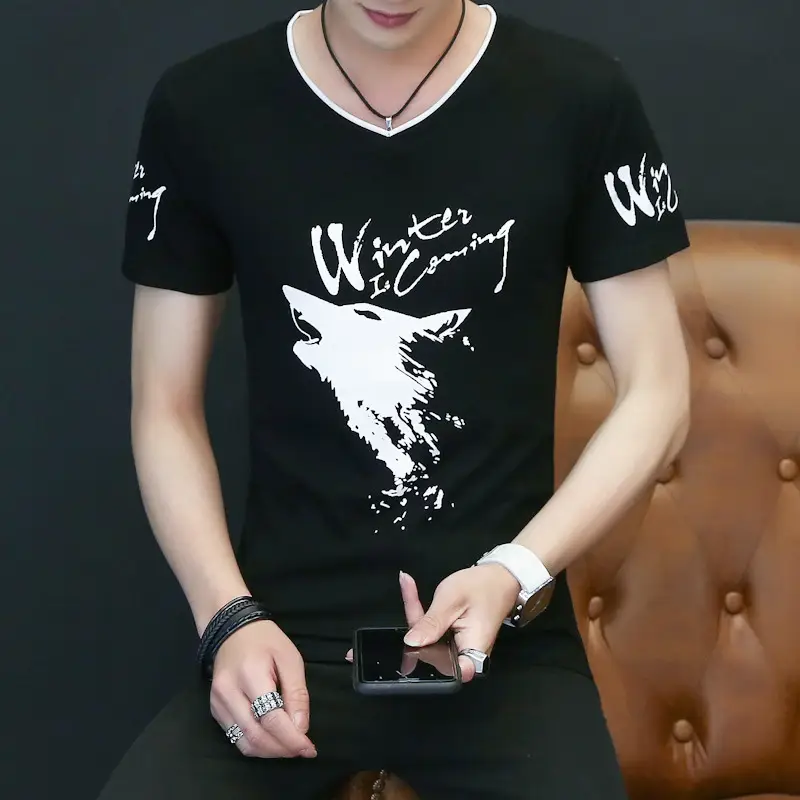 Men White Printed T-Shirt Slim Fit Korean Style - Image 7