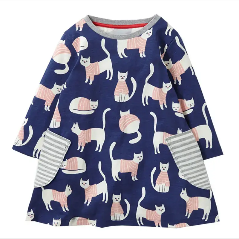 Girls Cotton Knitted Cat Print Dress Long Sleeve - Image 2