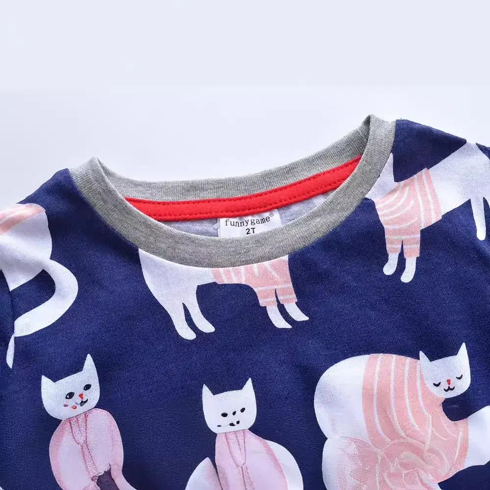 Girls Cotton Knitted Cat Print Dress Long Sleeve - Image 3