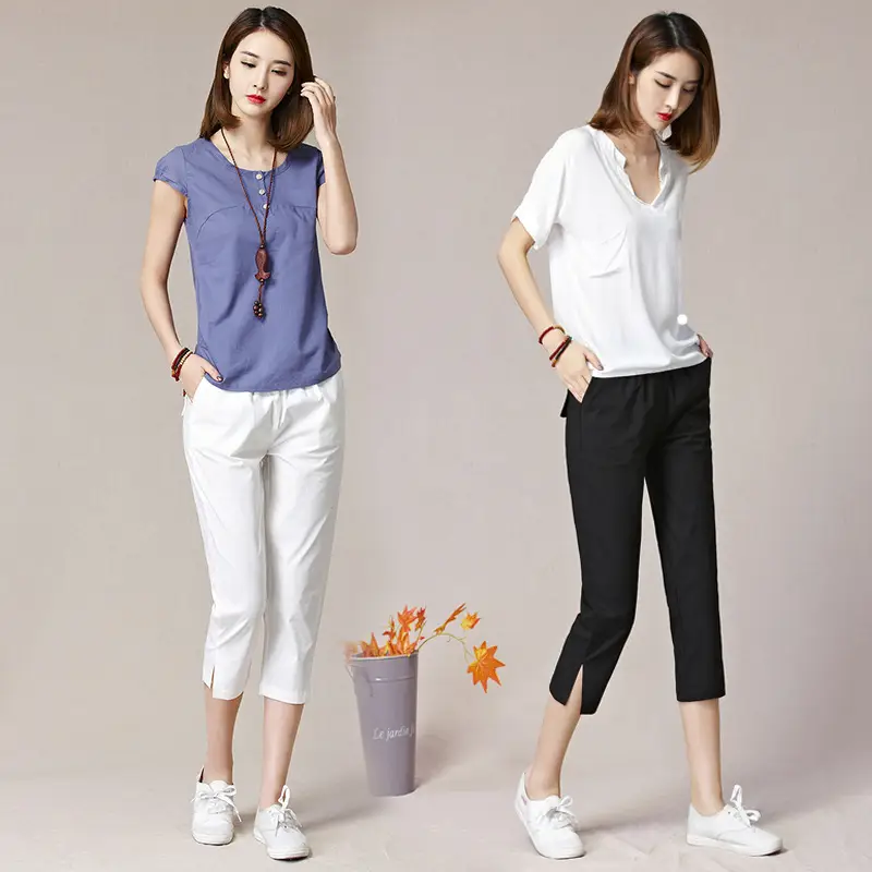 Women Capri Pants Navy Blue Cotton Linen Large