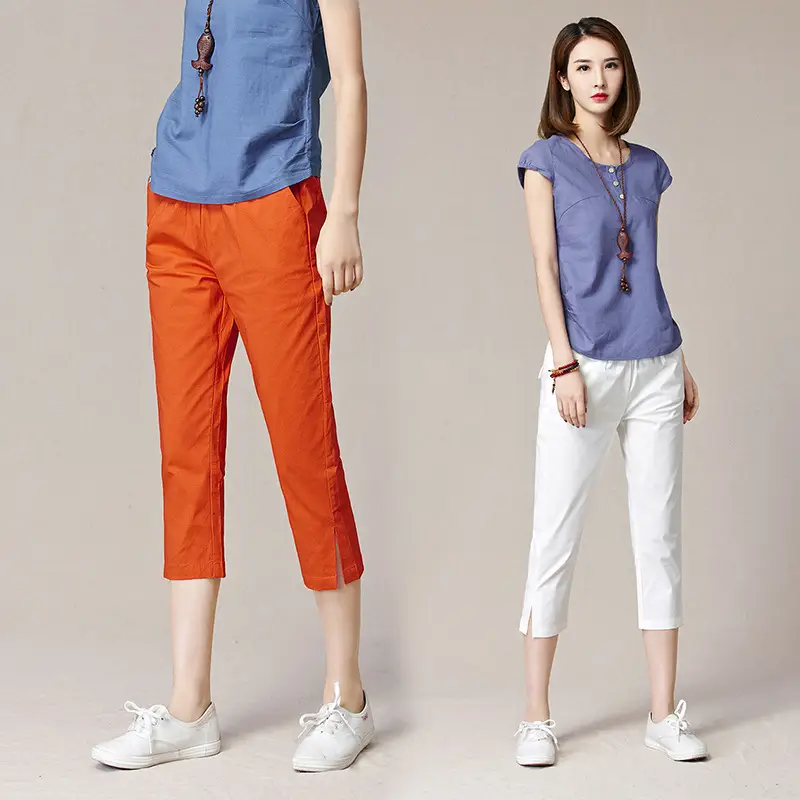Women Capri Pants Navy Blue Cotton Linen Large