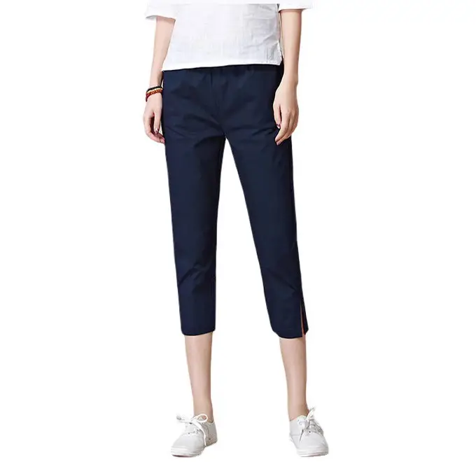 Women Capri Pants Navy Blue Cotton Linen Large