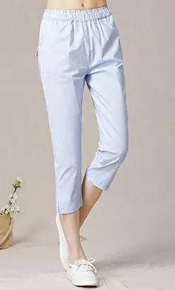 Women Capri Pants Navy Blue Cotton Linen Large