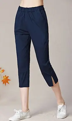 Women Capri Pants Navy Blue Cotton Linen Large