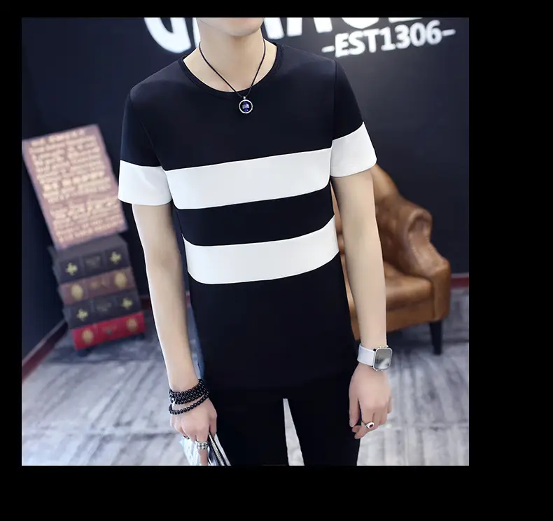Men Striped T-Shirt White Black Slim Fit Summer Wear — feature 12