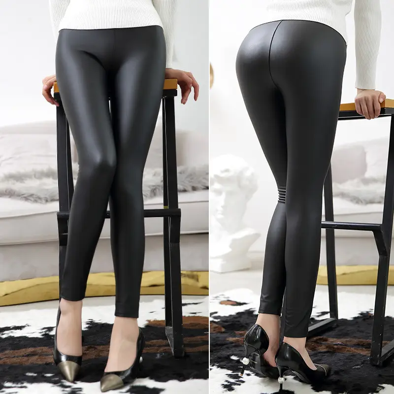 High Waist PU Leather Leggings for Women Black - Image 14