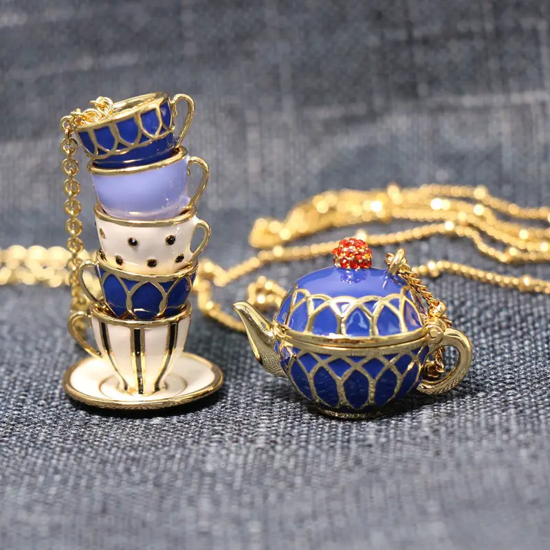 Qingdao Teapot Earrings Necklace Set Blue Gold