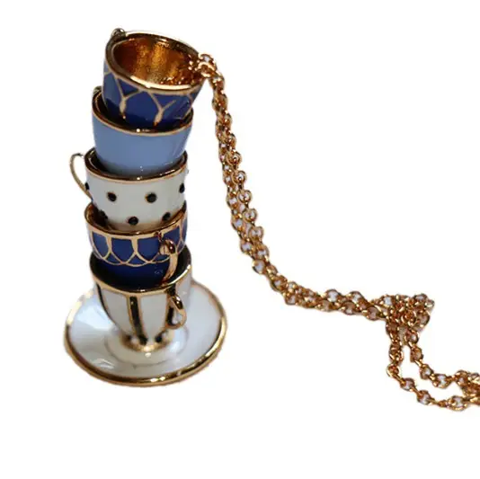 Qingdao Teapot Earrings Necklace Set Blue Gold