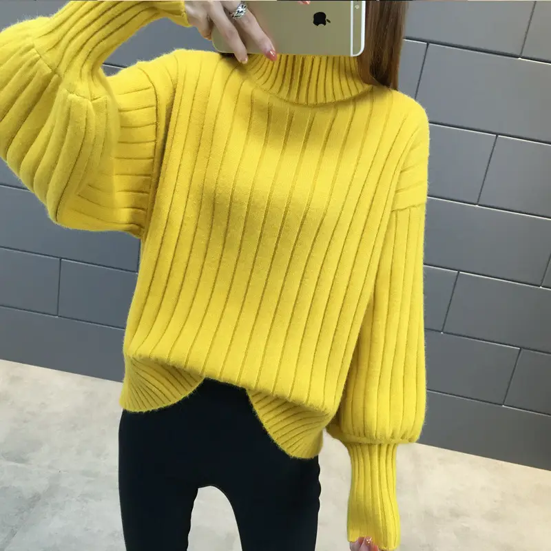 Women's Knitted Half Turtleneck Sweater with Warm Sleeves - Image 2