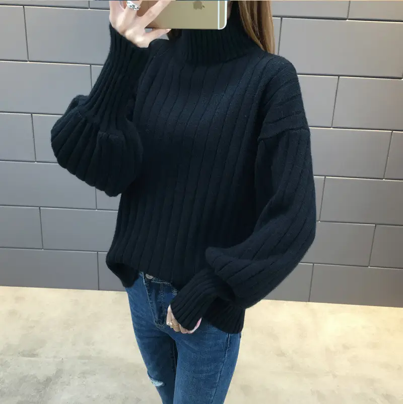 Women's Knitted Half Turtleneck Sweater with Warm Sleeves - Image 3