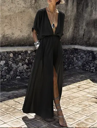 Black Long Sleeve Split Dress with V Neck - Image 2