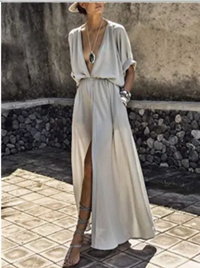 Black Long Sleeve Split Dress with V Neck - Image 3