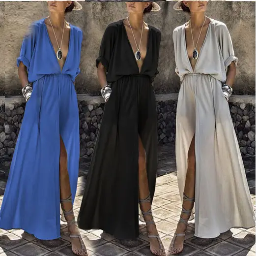 Black Long Sleeve Split Dress with V Neck — feature 3