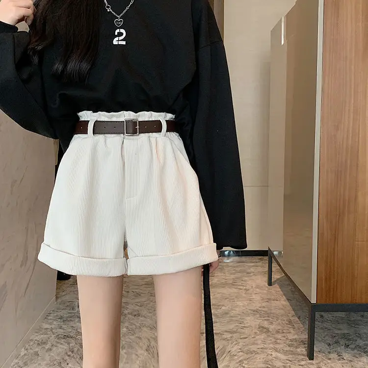 Women's White Belted Corduroy Shorts Winter Style - Image 2