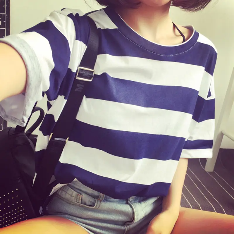 Women Korean Striped T-Shirt Green White Loose Summer Top - Image 10