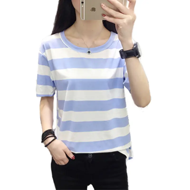 Women Korean Striped T-Shirt Green White Loose Summer Top - Image 11