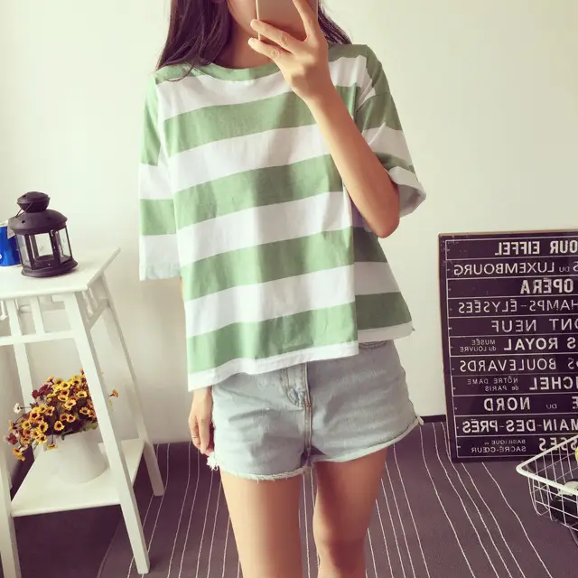 Women Korean Striped T-Shirt Green White Loose Summer Top — feature 12