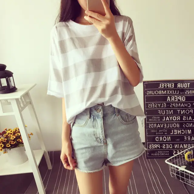 Women Korean Striped T-Shirt Green White Loose Summer Top — feature 13