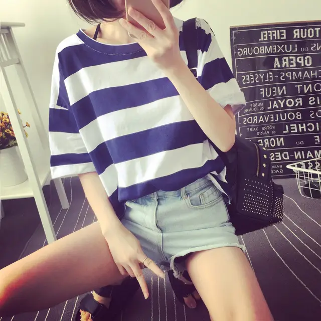 Women Korean Striped T-Shirt Green White Loose Summer Top — feature 18