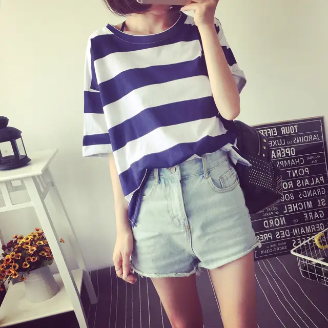 Women Korean Striped T-Shirt Green White Loose Summer Top — feature 19