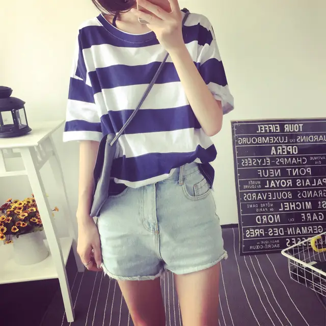 Women Korean Striped T-Shirt Green White Loose Summer Top — feature 20