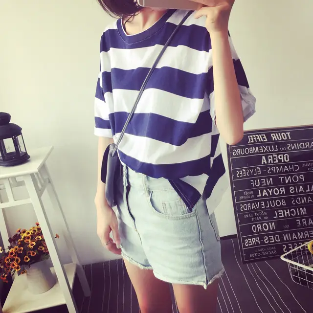 Women Korean Striped T-Shirt Green White Loose Summer Top — feature 21