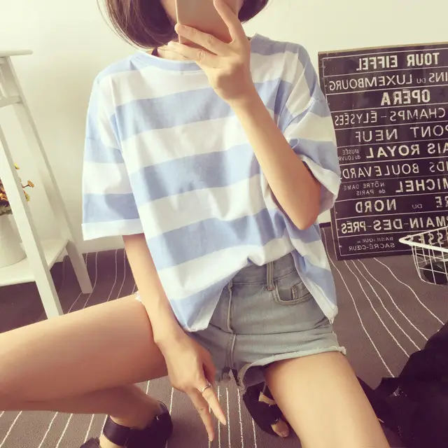 Women Korean Striped T-Shirt Green White Loose Summer Top — feature 25