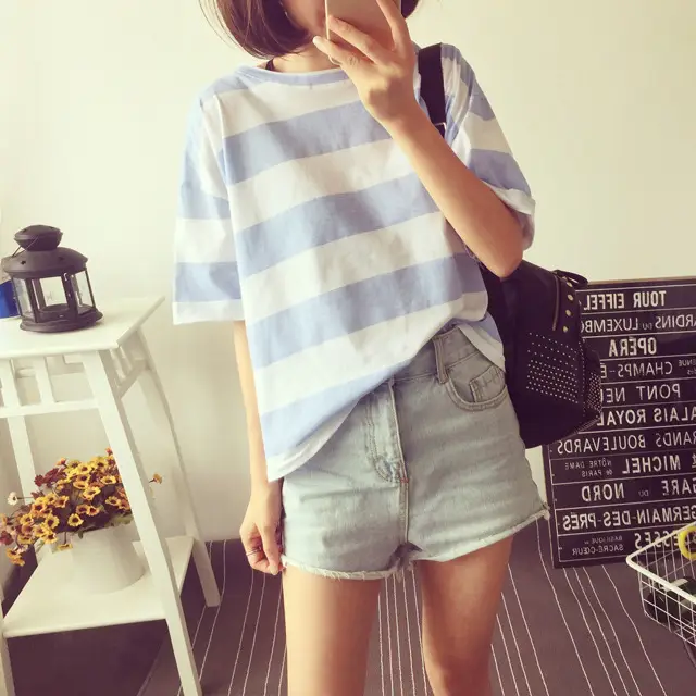 Women Korean Striped T-Shirt Green White Loose Summer Top — feature 26