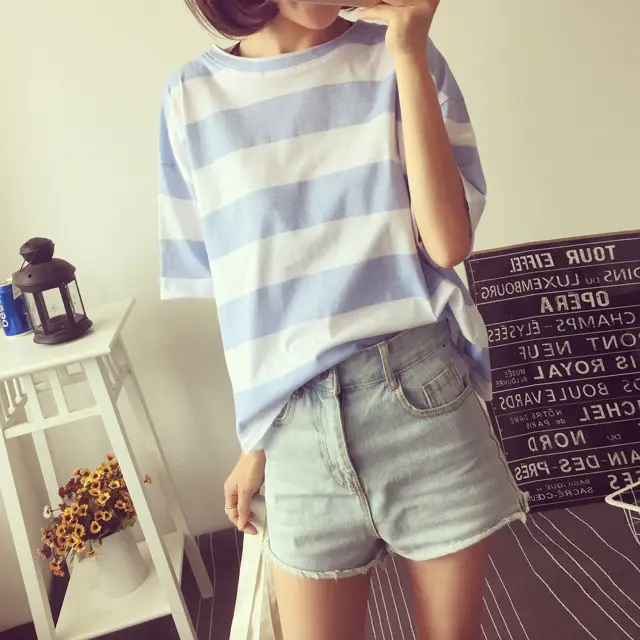 Women Korean Striped T-Shirt Green White Loose Summer Top — feature 27