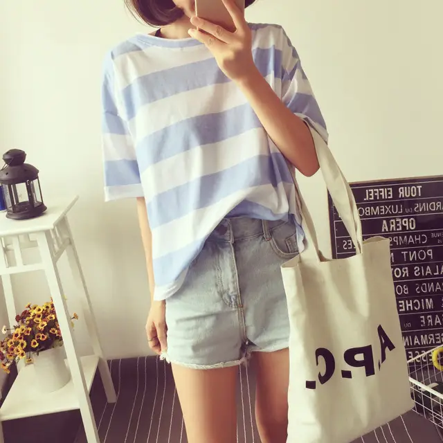Women Korean Striped T-Shirt Green White Loose Summer Top — feature 28