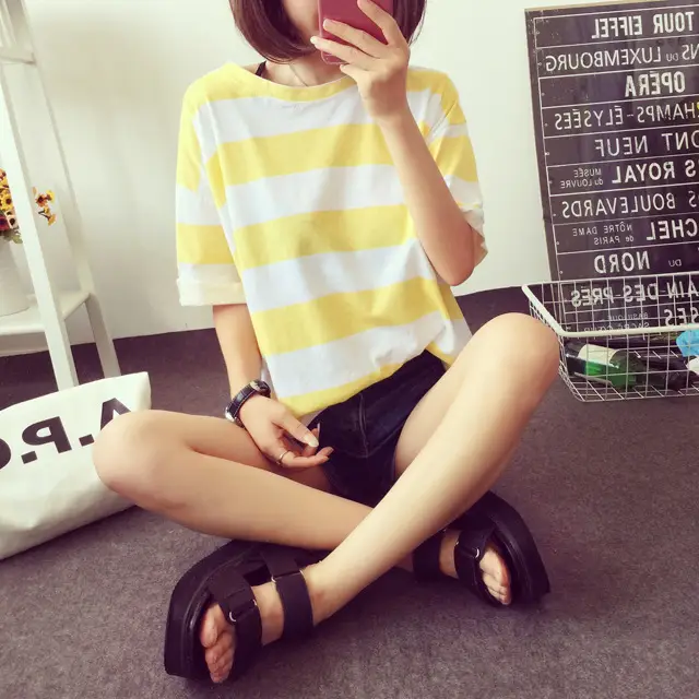 Women Korean Striped T-Shirt Green White Loose Summer Top — feature 3