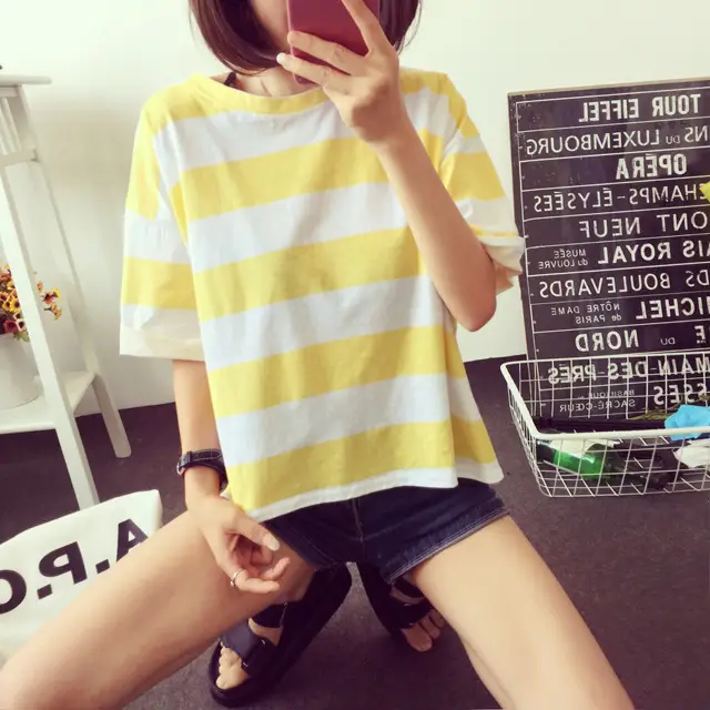 Women Korean Striped T-Shirt Green White Loose Summer Top — feature 4
