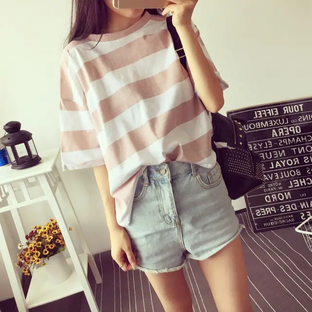 Women Korean Striped T-Shirt Green White Loose Summer Top — feature 6