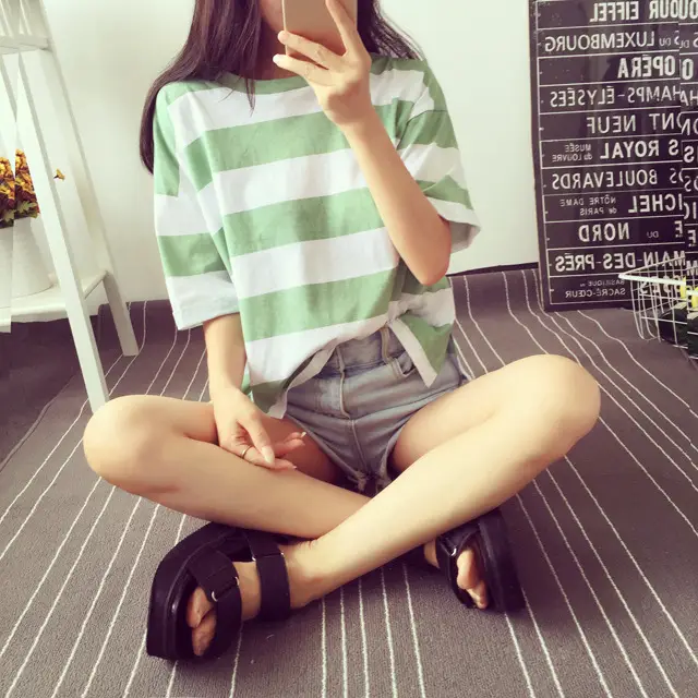 Women Korean Striped T-Shirt Green White Loose Summer Top — feature 9