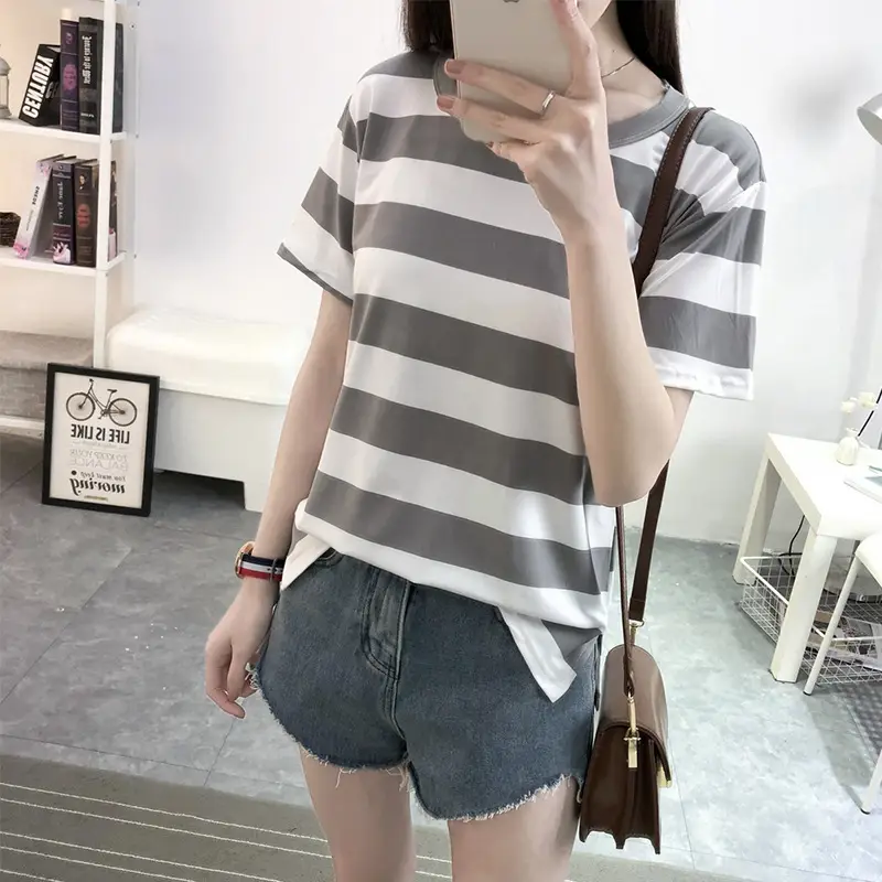 Women Korean Striped T-Shirt Green White Loose Summer Top - Image 2