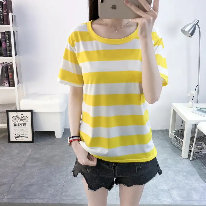 Women Korean Striped T-Shirt Green White Loose Summer Top - Image 3