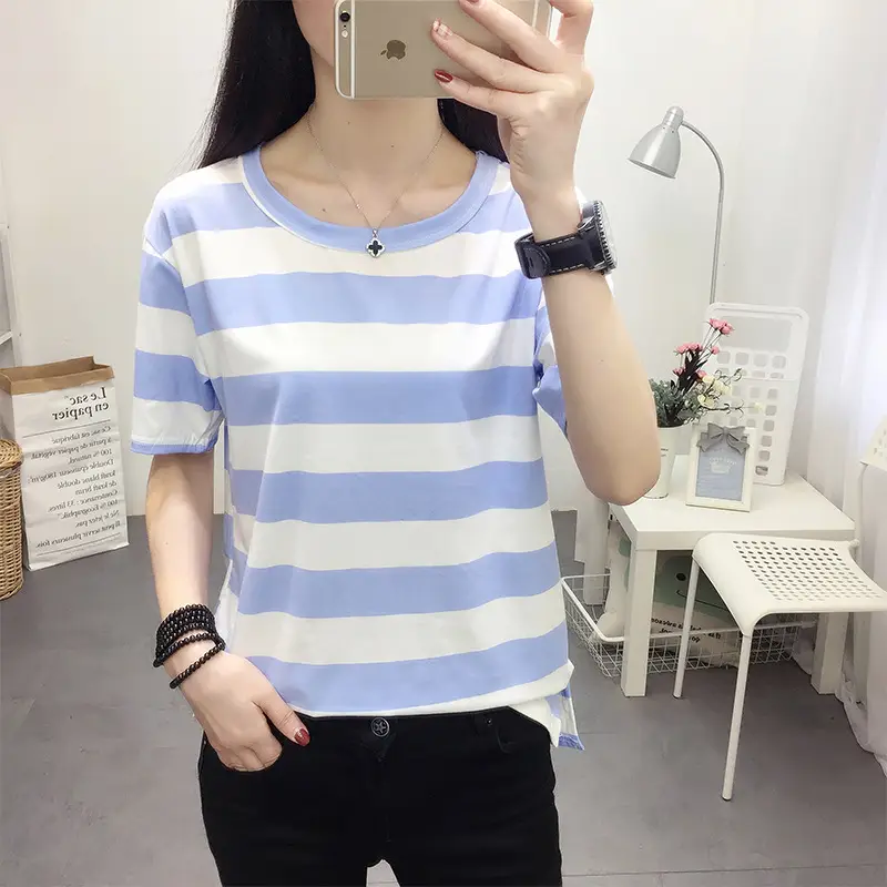 Women Korean Striped T-Shirt Green White Loose Summer Top - Image 5