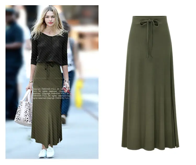 Women's Olive Green High Waist Split Belt Skirt — feature 4