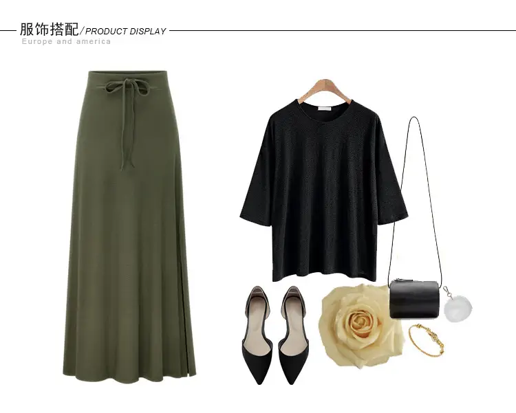 Women's Olive Green High Waist Split Belt Skirt — feature 7