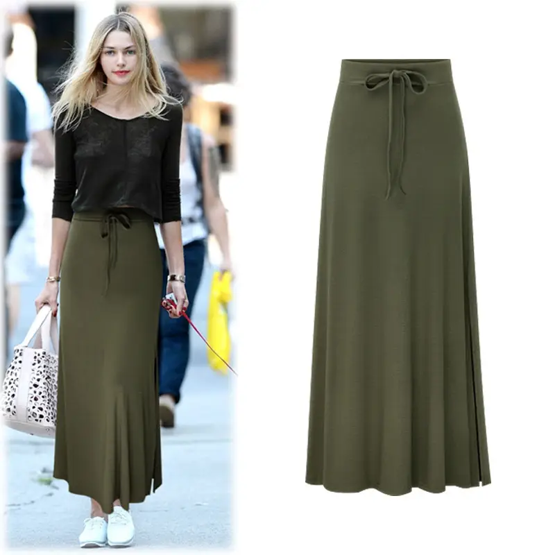 Women's Olive Green High Waist Split Belt Skirt - Image 3